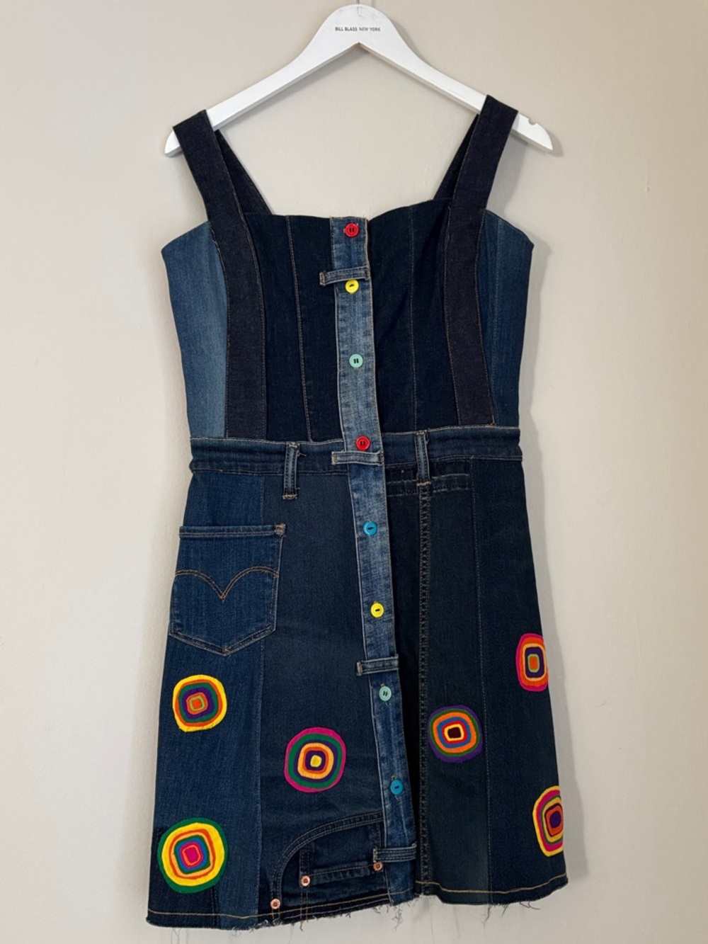 Multicolor Patchwork Denim Mini Dress with Rainbow Buttons Upcycled